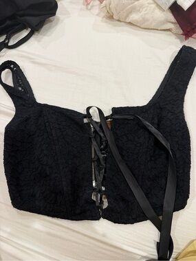 Black Lace Corset Crop Top with Ribbon Lacing